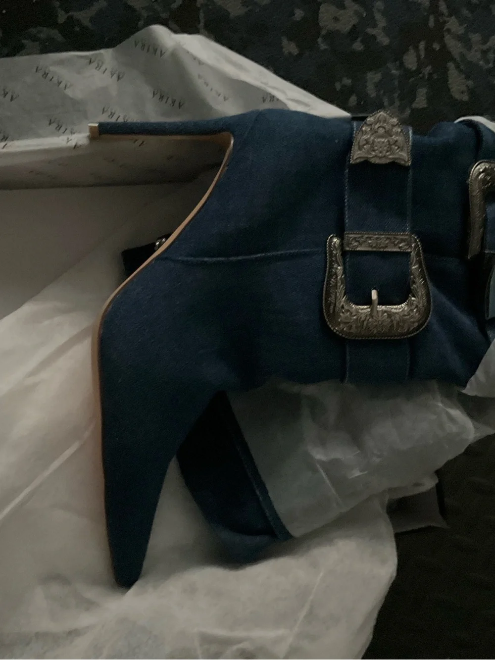 AKIRA Denim Blue Over-the-Knee Buckle Stiletto Boots